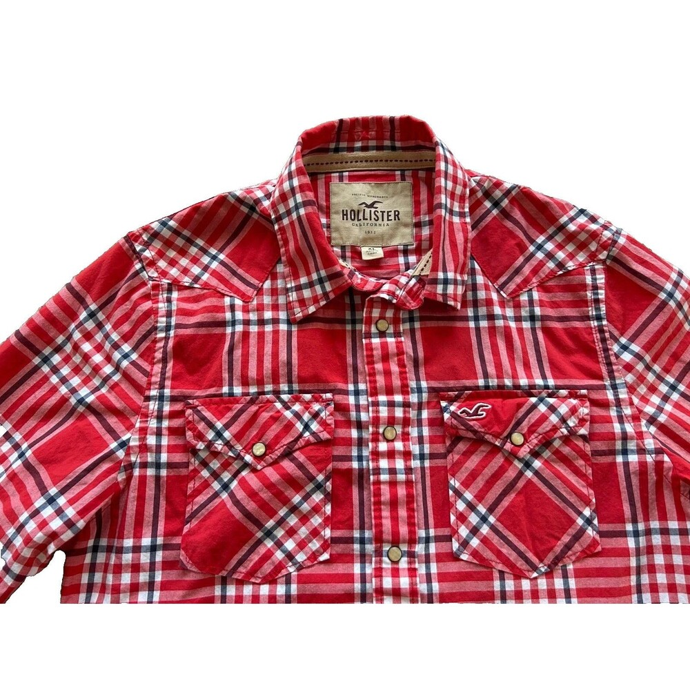 VTG Hollister Shirt Mens Small Red Plaid Pearl Snap Buttons Western